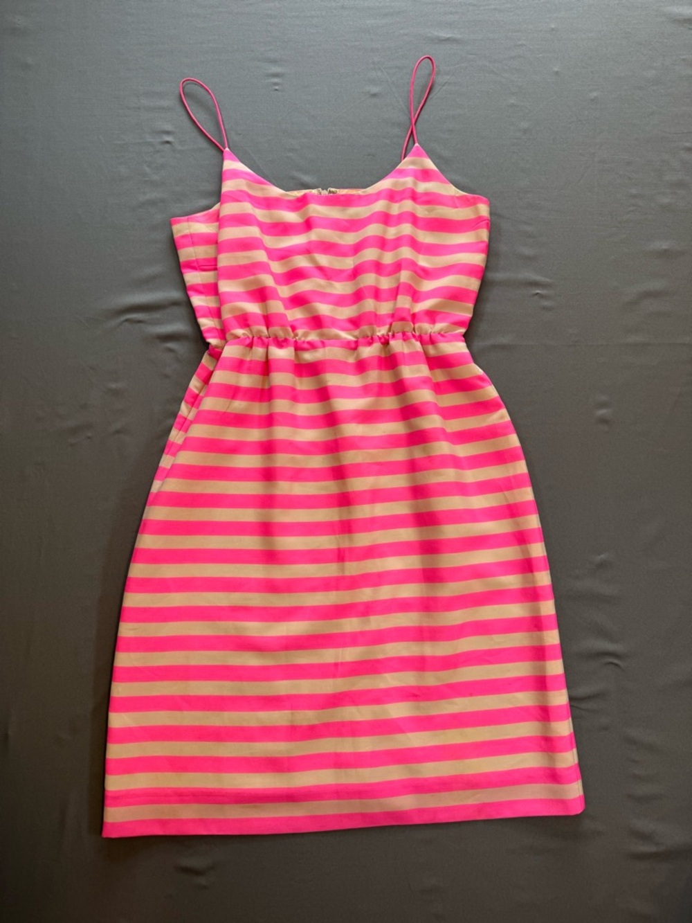 J. Crew Hot Pink and Beige Striped Spaghetti Strap Dress